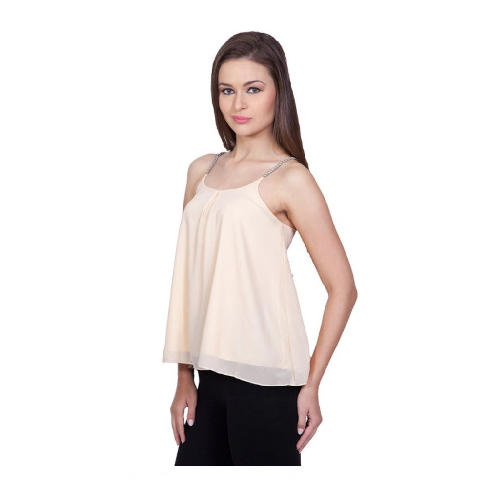 Women's Polyester Solid Shoulder Straps Regular Top (Beige)