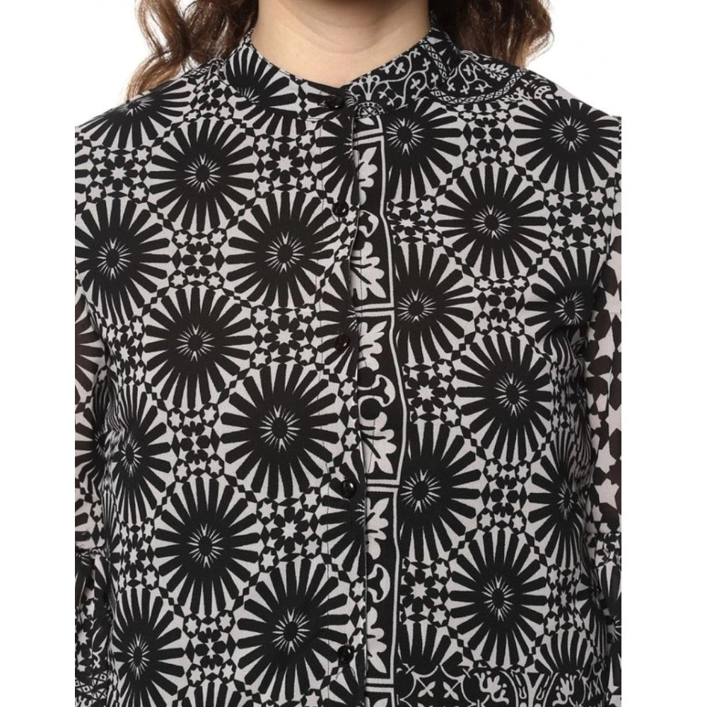 Women's Polyester Printed Balloon Sleeve Top (Black - White)