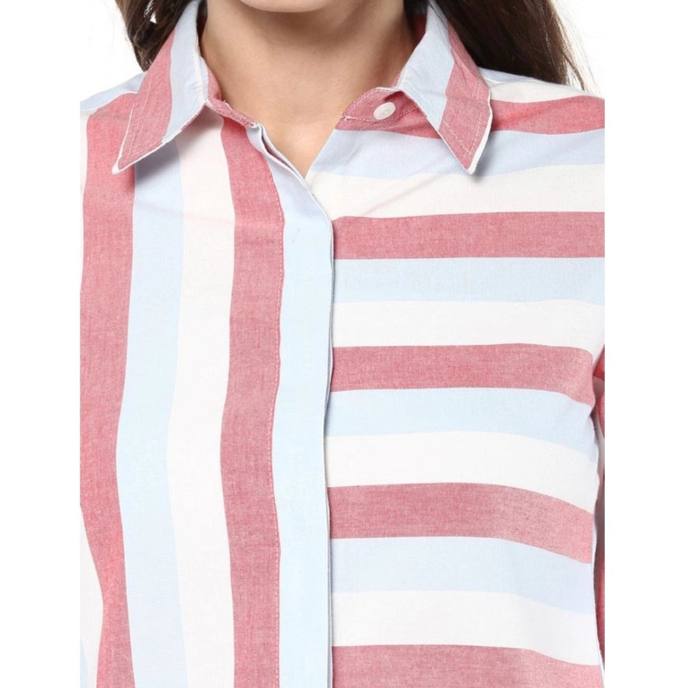 Women's Cotton Striped Roll Up Sleeve Regular Top (Red)