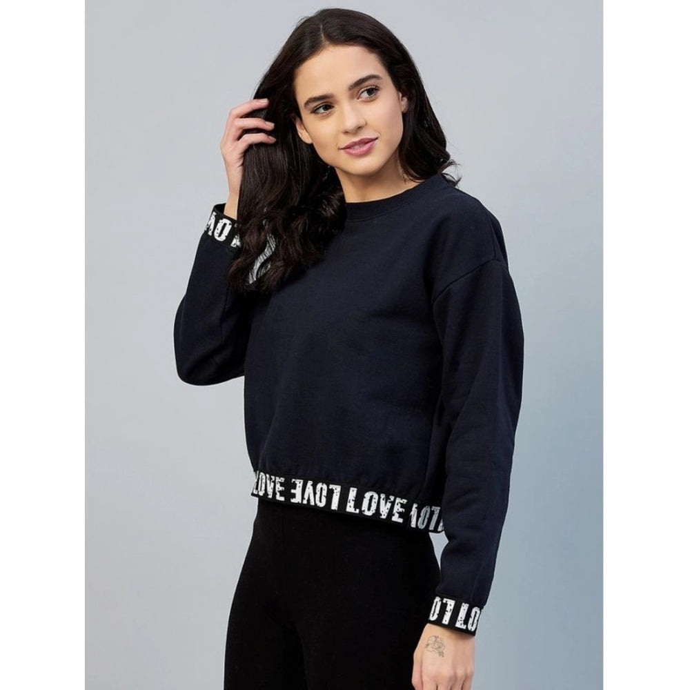 Women's Fleece Solid Long Sleeves Sweatshirt (Navy)