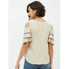 Women's Polyester Tiered Cold Shoulder Top (Beige)