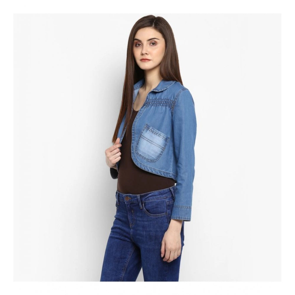 Women's Denim Smocking 3-4th Sleeves Shrug (Blue)