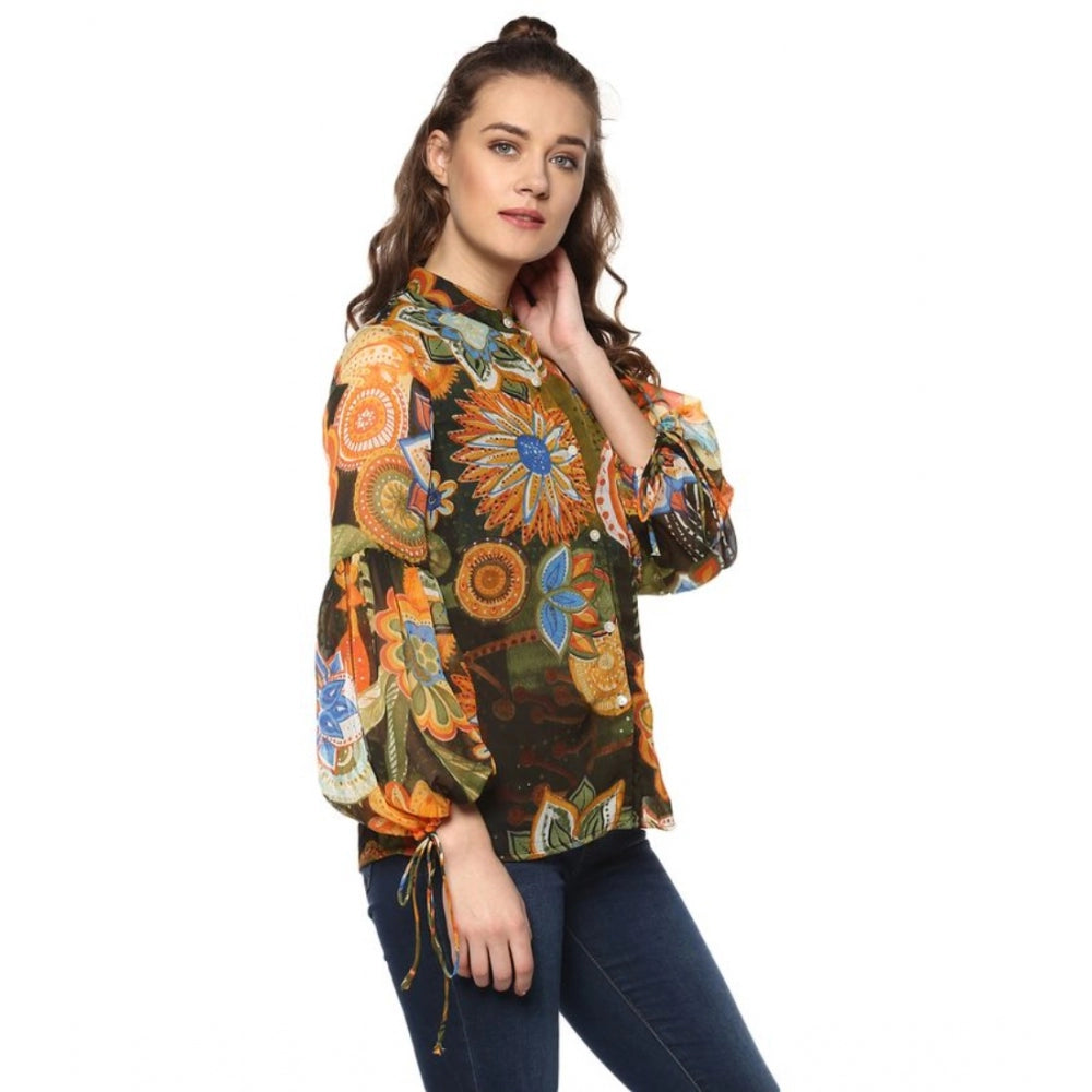 Women's Polyester Floral Balloon Sleeve Top (Mustard - Olive)