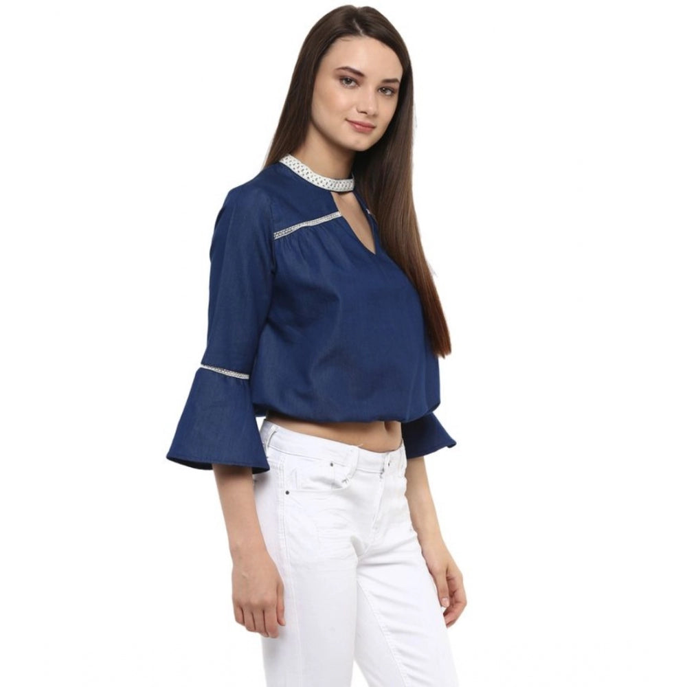 Women's Polyester Solid Bell Sleeve Regular Top (Blue)