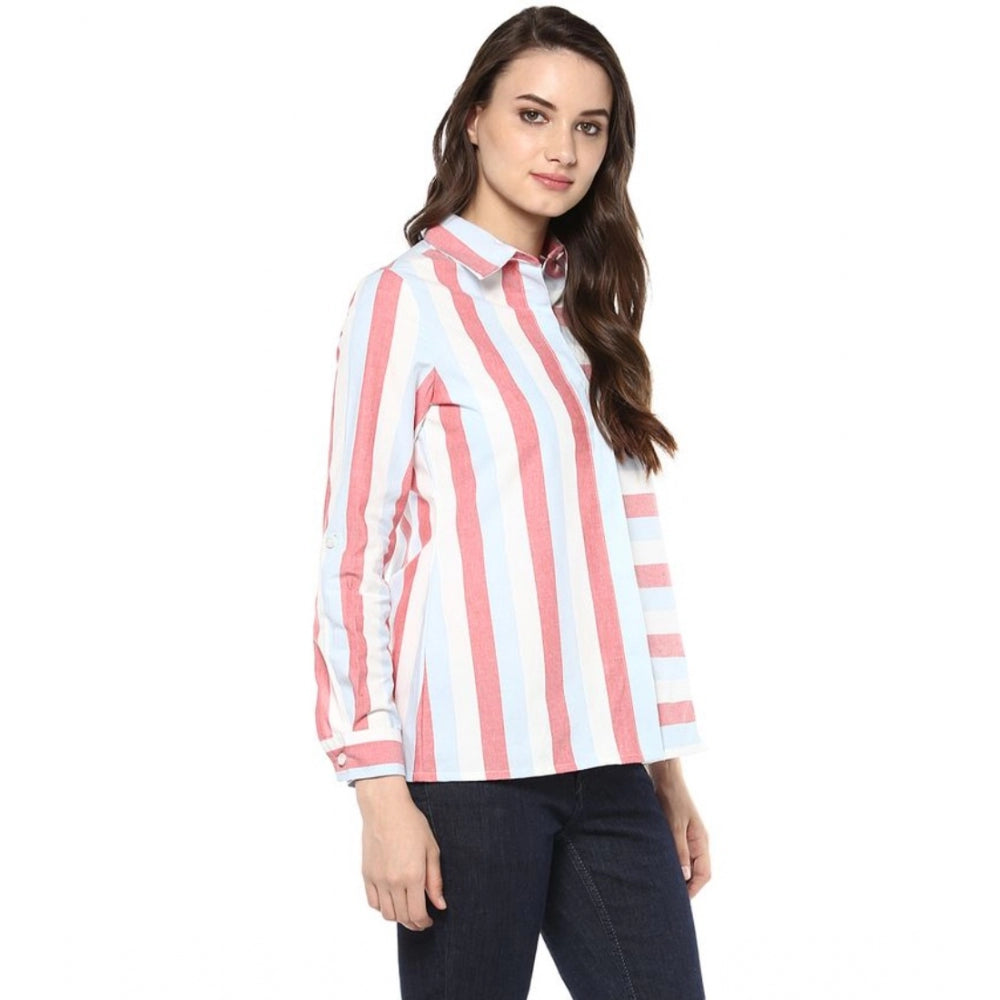 Women's Cotton Striped Roll Up Sleeve Regular Top (Red)