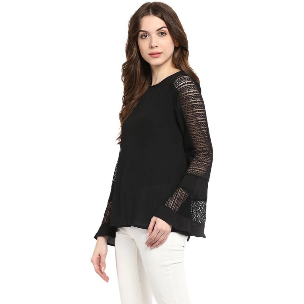 Women's Polyester Georgette Self Design Bell Sleeve Regular Top (Black)