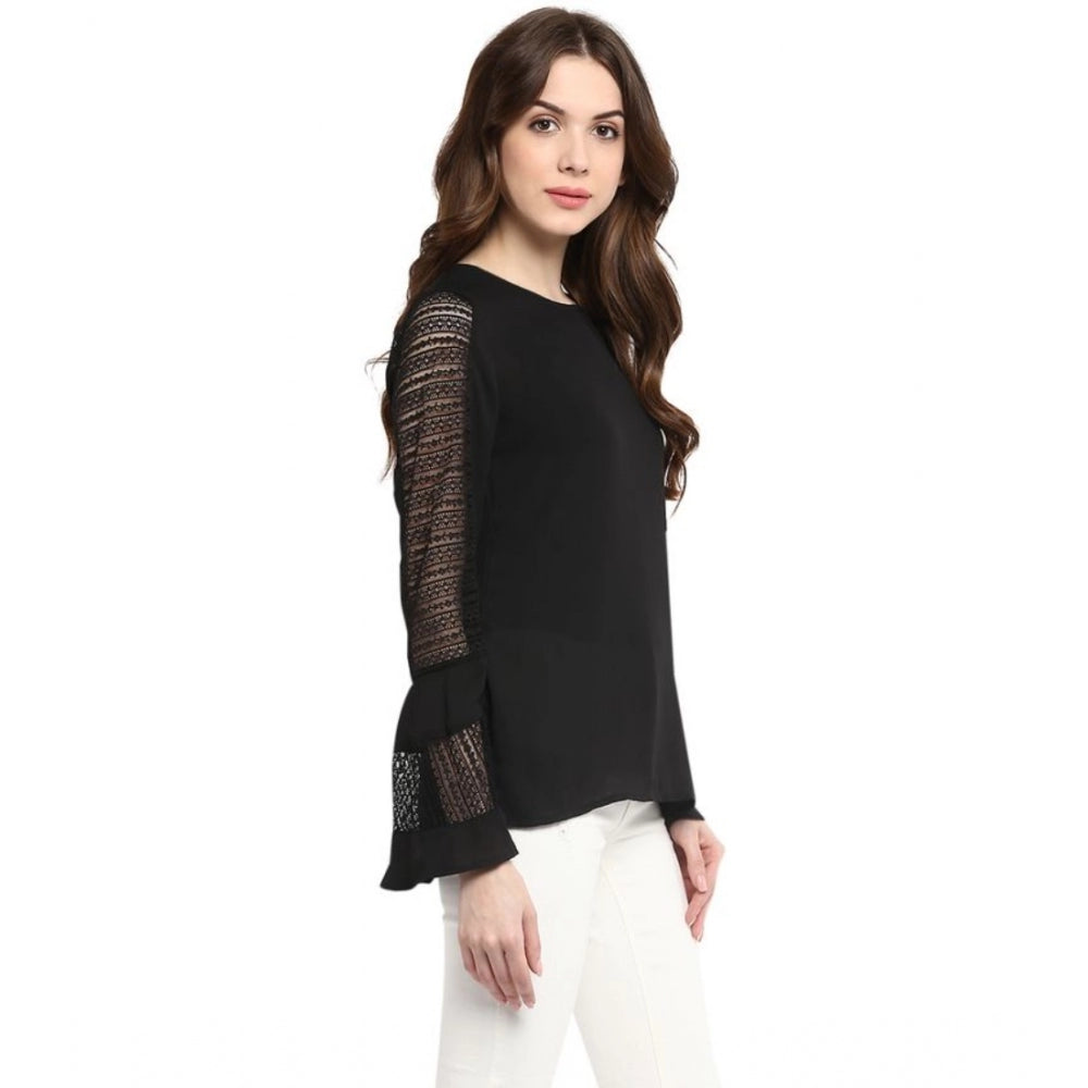 Women's Polyester Georgette Self Design Bell Sleeve Regular Top (Black)