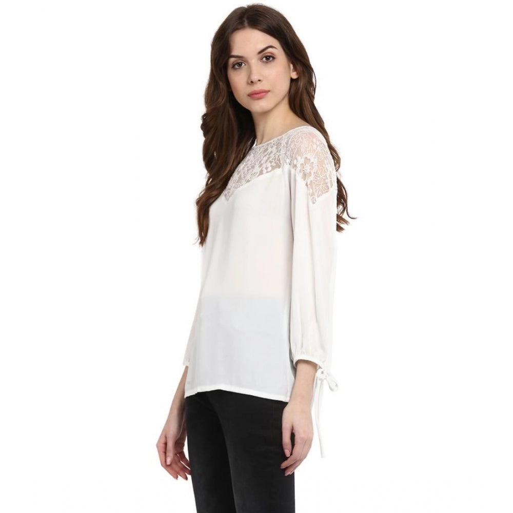 Women's Polyester Georgette Self Design 3-4th Sleeves Regular Top (White)