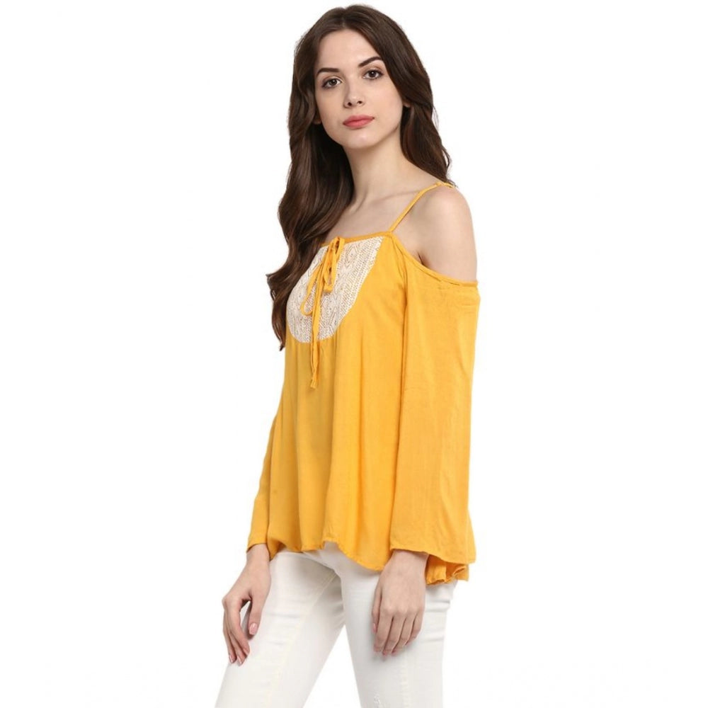 Women's Rayon Embellished Cold Shoulder Regular Top (Mustard Yellow)