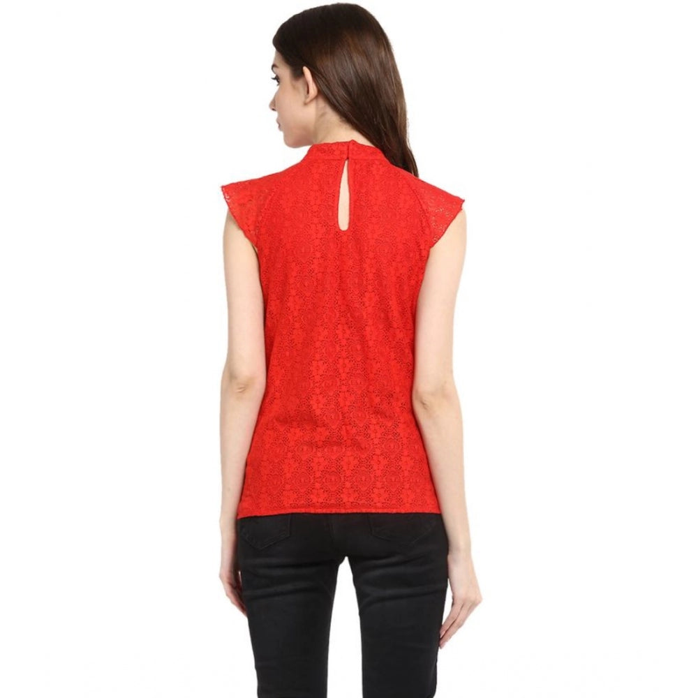 Women's Cotton Lace Embellished Cap Sleeve Regular Top (Red)