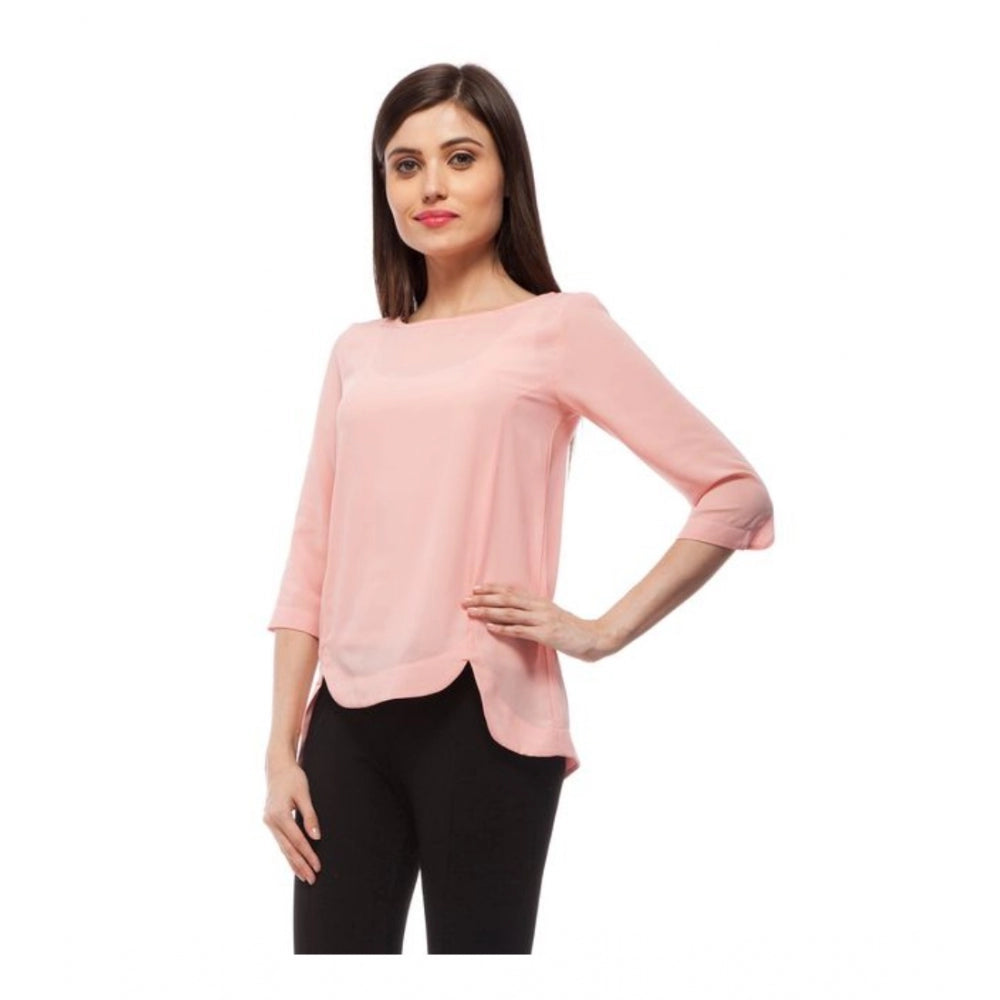 Women's Polyester Solid 3-4th Sleeves Regular Top (Peach)