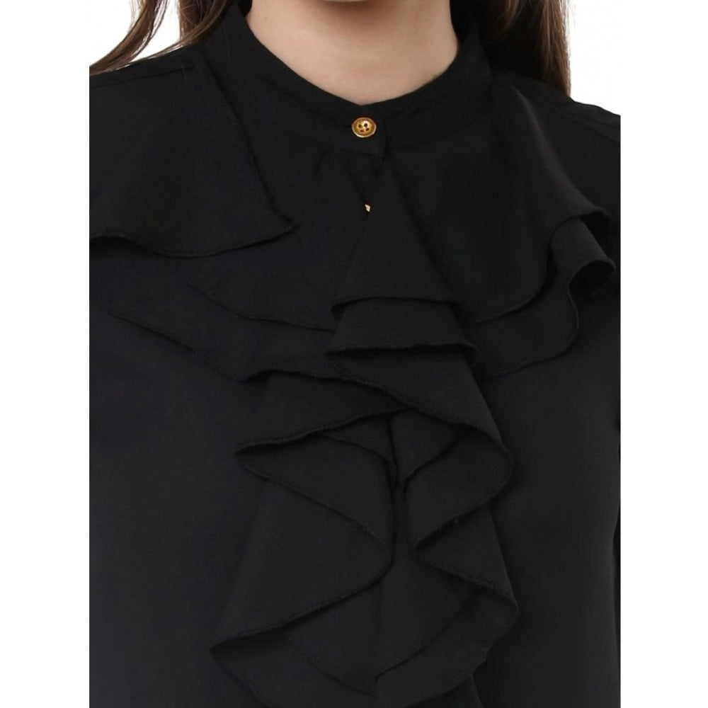 Women's Polyester Ruffled Long Sleeves Top (Black)