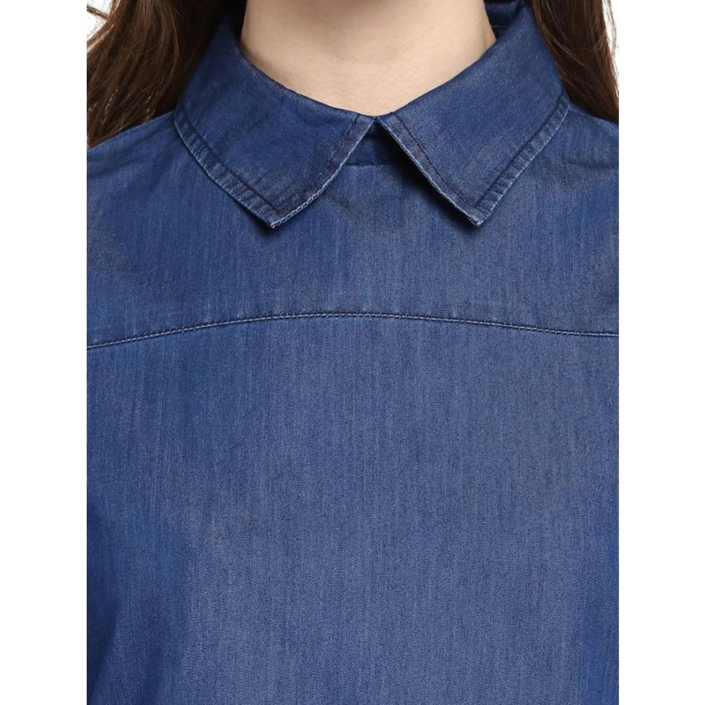 Women's Denim Solid Cold Shoulder Regular Top (Blue)