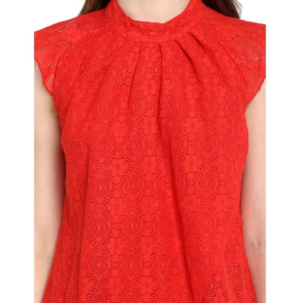 Women's Cotton Lace Embellished Cap Sleeve Regular Top (Red)