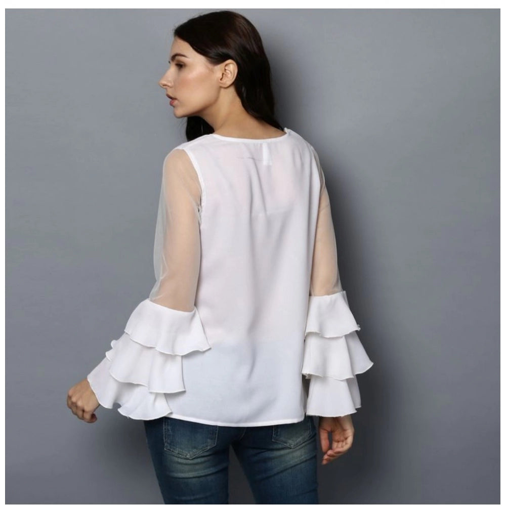 Women's Polyester Solid Tier Sleeve Top (White)