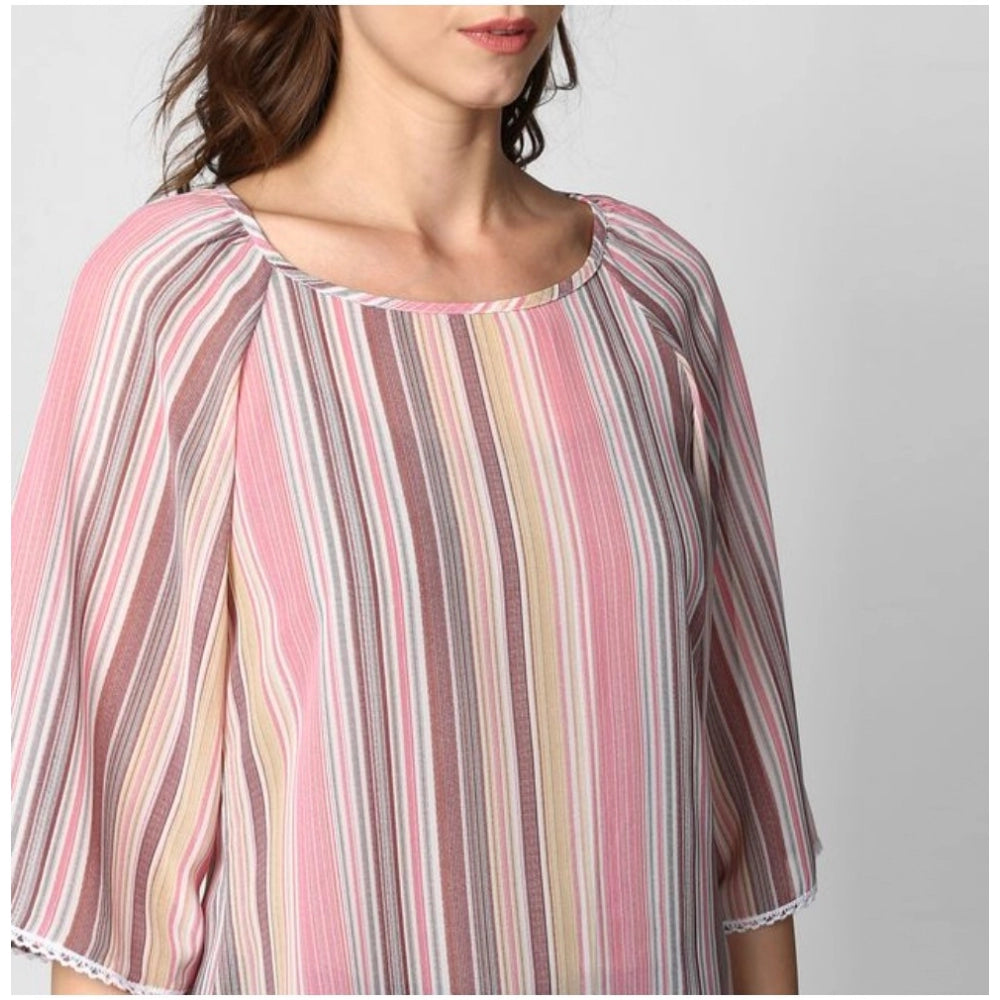 Women's Polyester Striped 3-4th Sleeves Top (Pink)