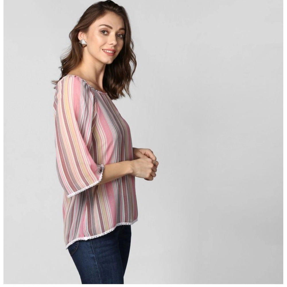 Women's Polyester Striped 3-4th Sleeves Top (Pink)