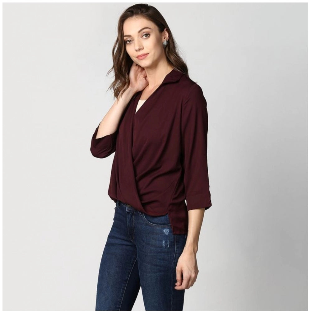 Women's Polyester Solid 3-4th Sleeves Top (Maroon)