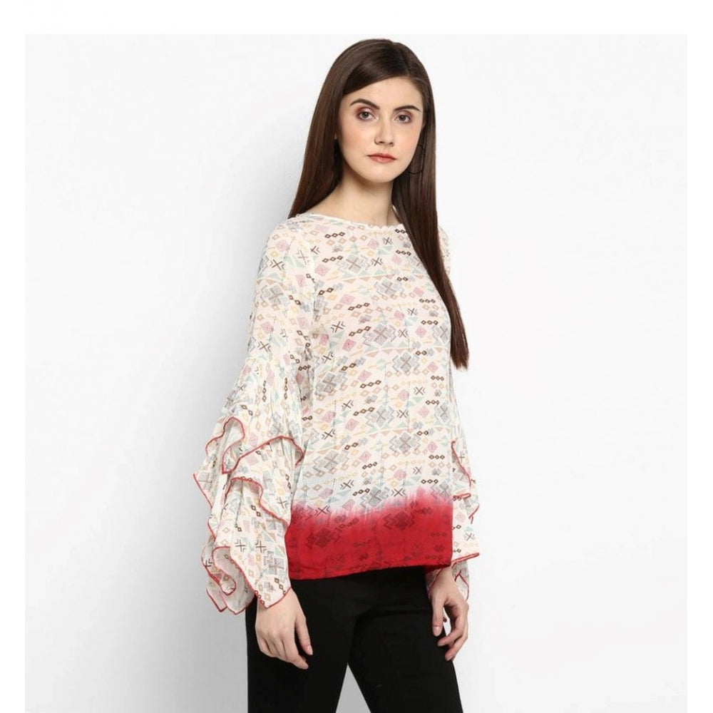 Women's Rayon Crepe Printed Ruffle Sleeve Top (Off White - Red)