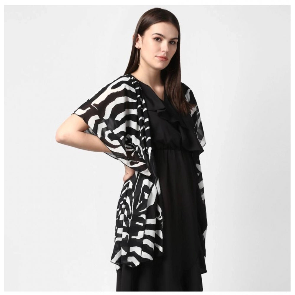 Women's Polyester Printed Short Sleeve Shrug (Black)