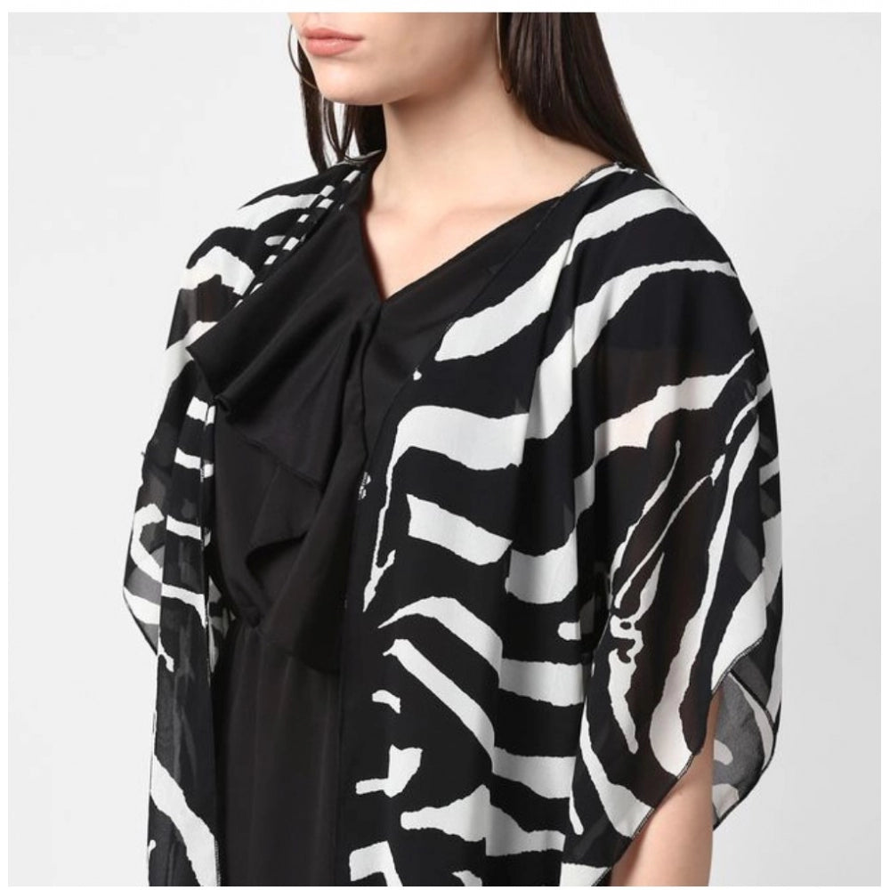 Women's Polyester Printed Short Sleeve Shrug (Black)