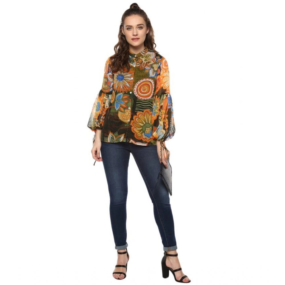 Women's Polyester Floral Balloon Sleeve Top (Mustard - Olive)