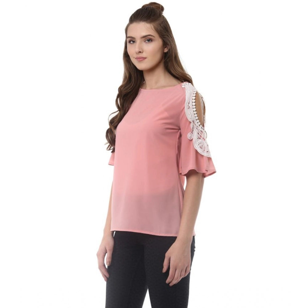 Women's Polyester Lace Inserts Half Sleeve Top (Pink)