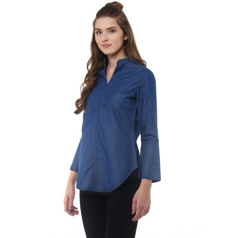 Women's Denim Solid Bell Sleeve Regular Top (Blue Denim)