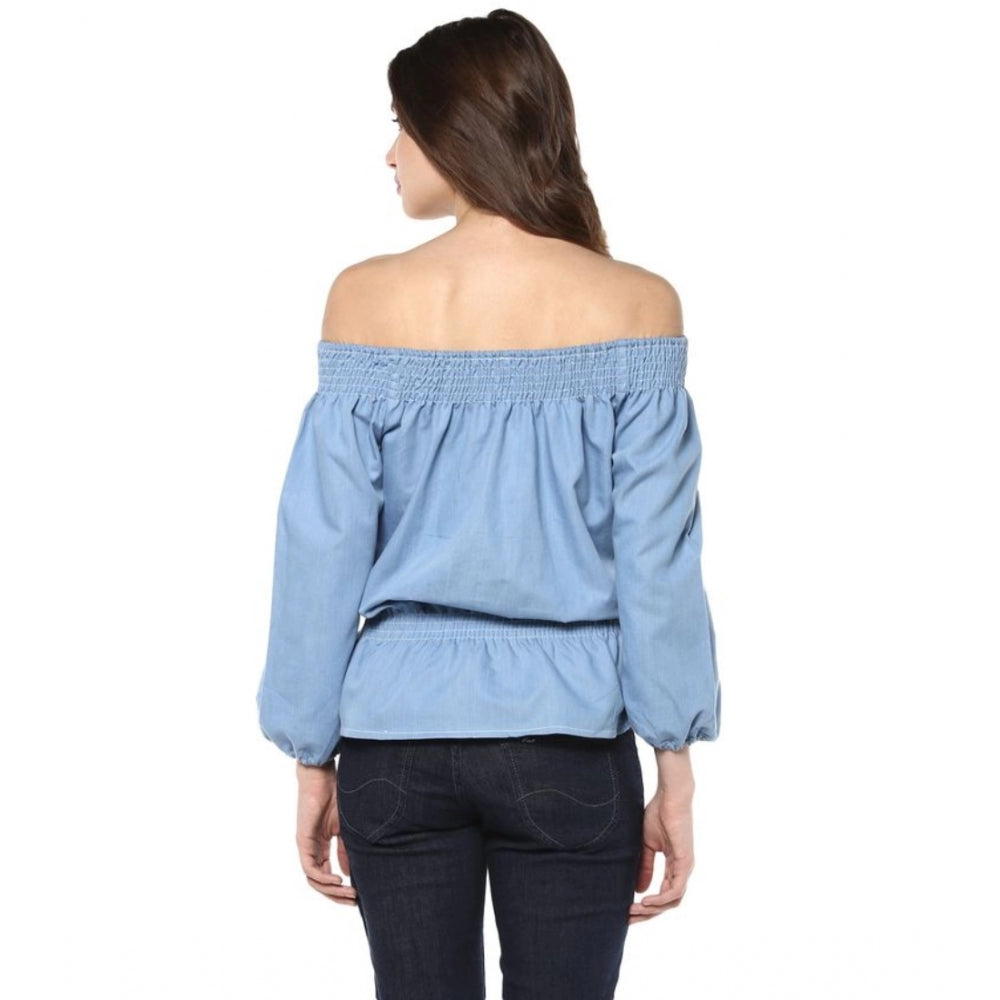 Women's Denim Solid 3-4th Sleeves Regular Top (Blue)