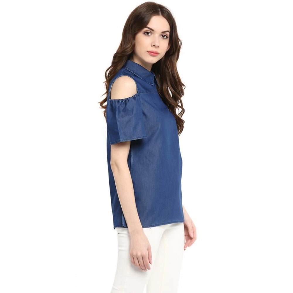 Women's Denim Solid Cold Shoulder Regular Top (Blue)