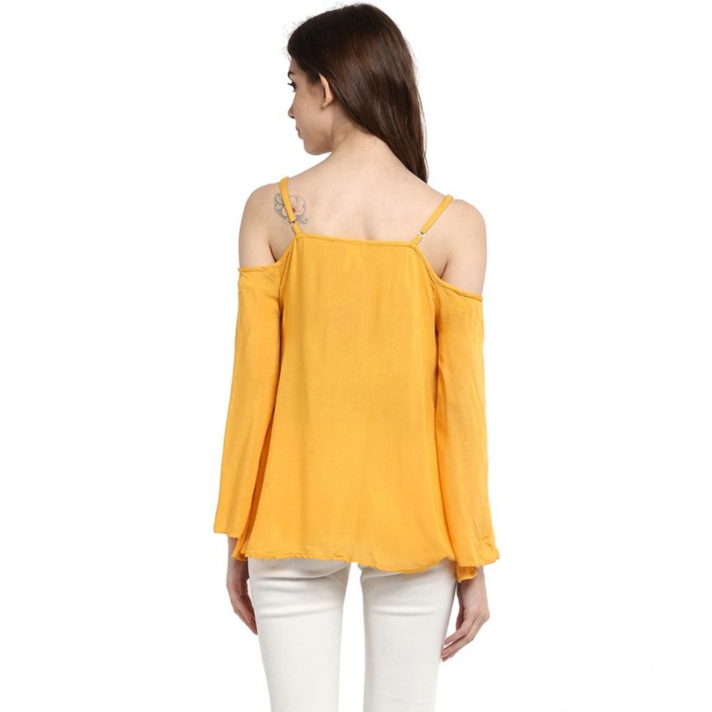 Women's Rayon Embellished Cold Shoulder Regular Top (Mustard Yellow)