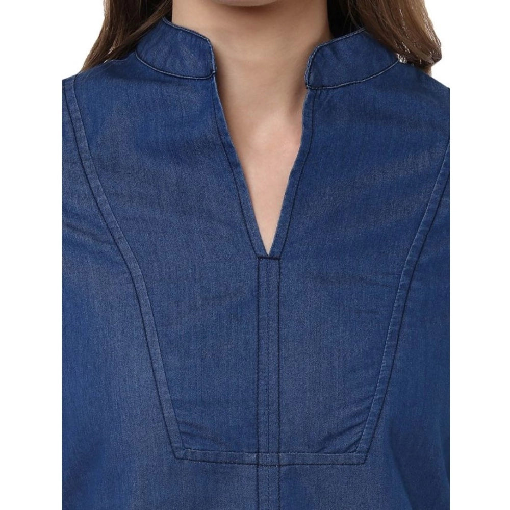 Women's Denim Solid Bell Sleeve Regular Top (Blue Denim)