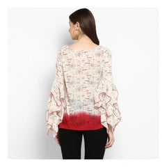 Women's Rayon Crepe Printed Ruffle Sleeve Top (Off White - Red)