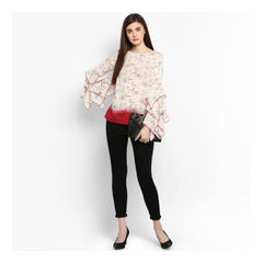 Women's Rayon Crepe Printed Ruffle Sleeve Top (Off White - Red)