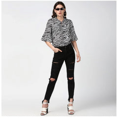 Women's Polyester Animal Print Bell Sleeve Top (Black - White)