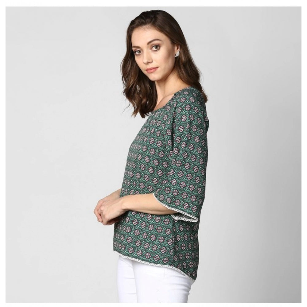 Women's Polyester Printed 3-4th Sleeves Top (Green)