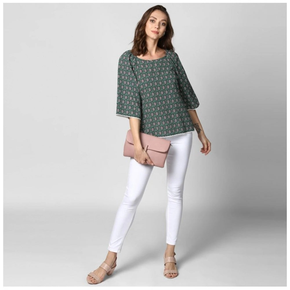 Women's Polyester Printed 3-4th Sleeves Top (Green)