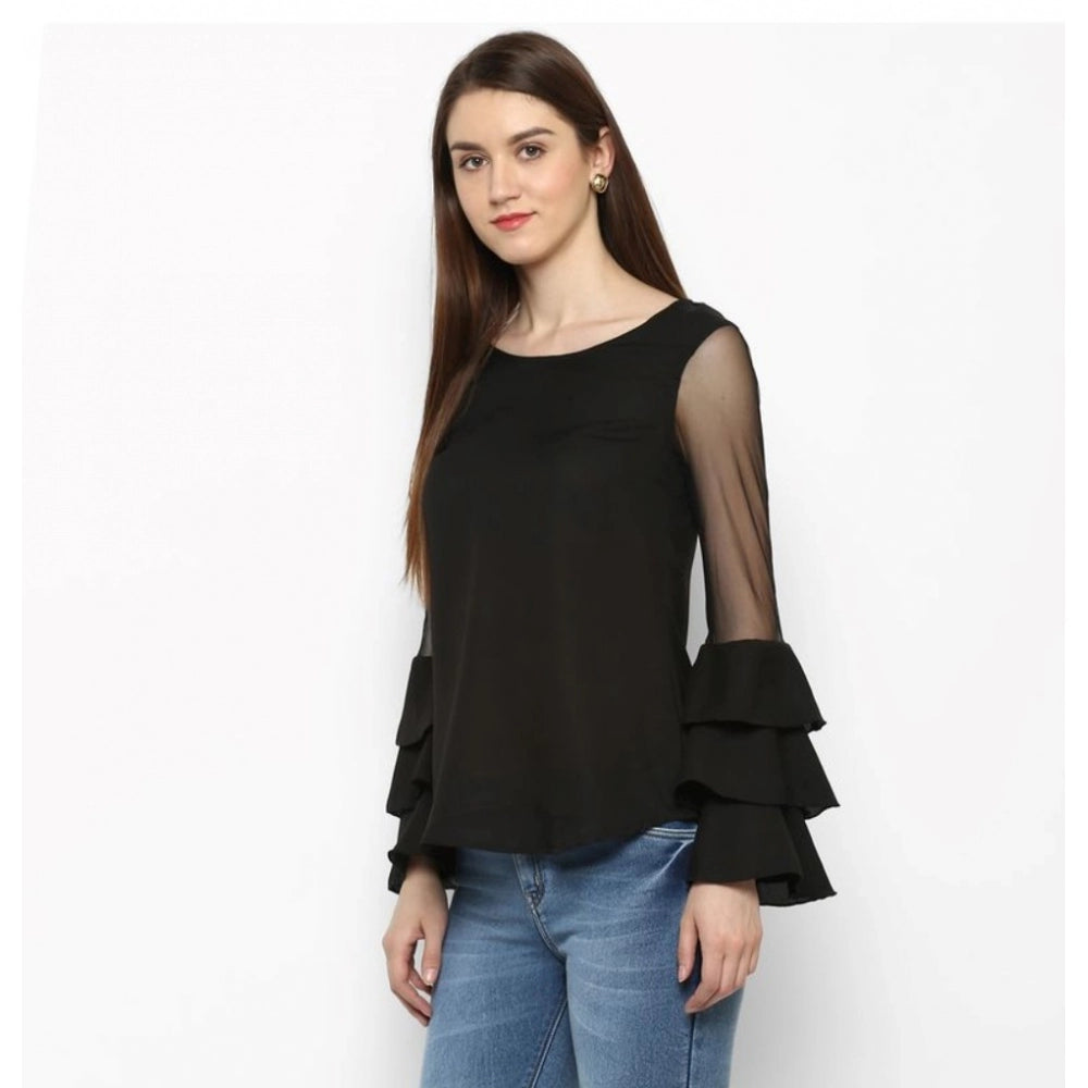 Women's Polyester Solid Tier Sleeve Top (Black)