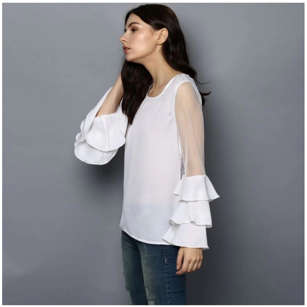 Women's Polyester Solid Tier Sleeve Top (White)