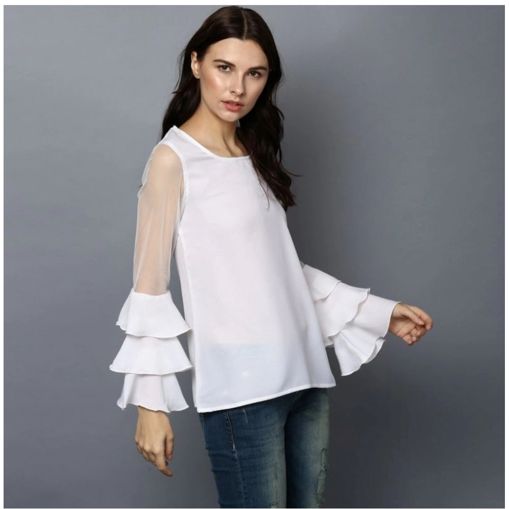 Women's Polyester Solid Tier Sleeve Top (White)