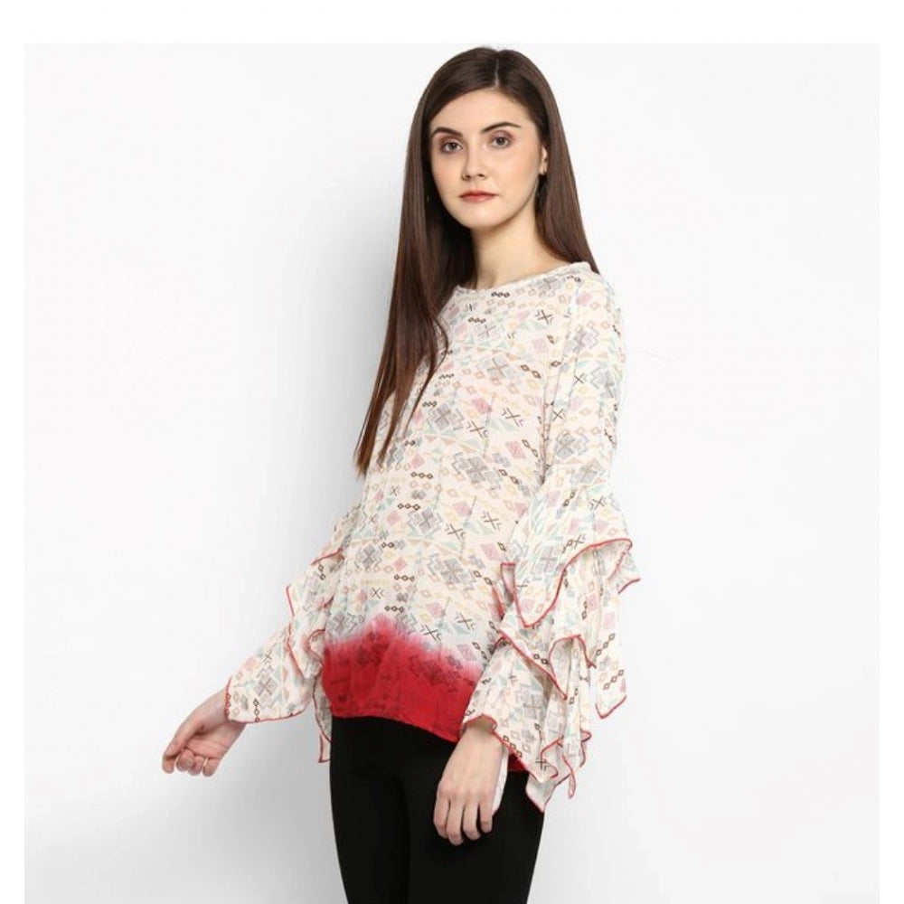 Women's Rayon Crepe Printed Ruffle Sleeve Top (Off White - Red)