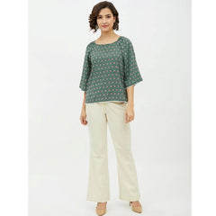 Women's Polyester Printed 3-4th Sleeves Top (Green)