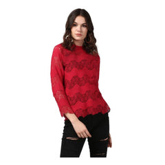 Women's Cotton Self Design Long Sleeves Top (Maroon)