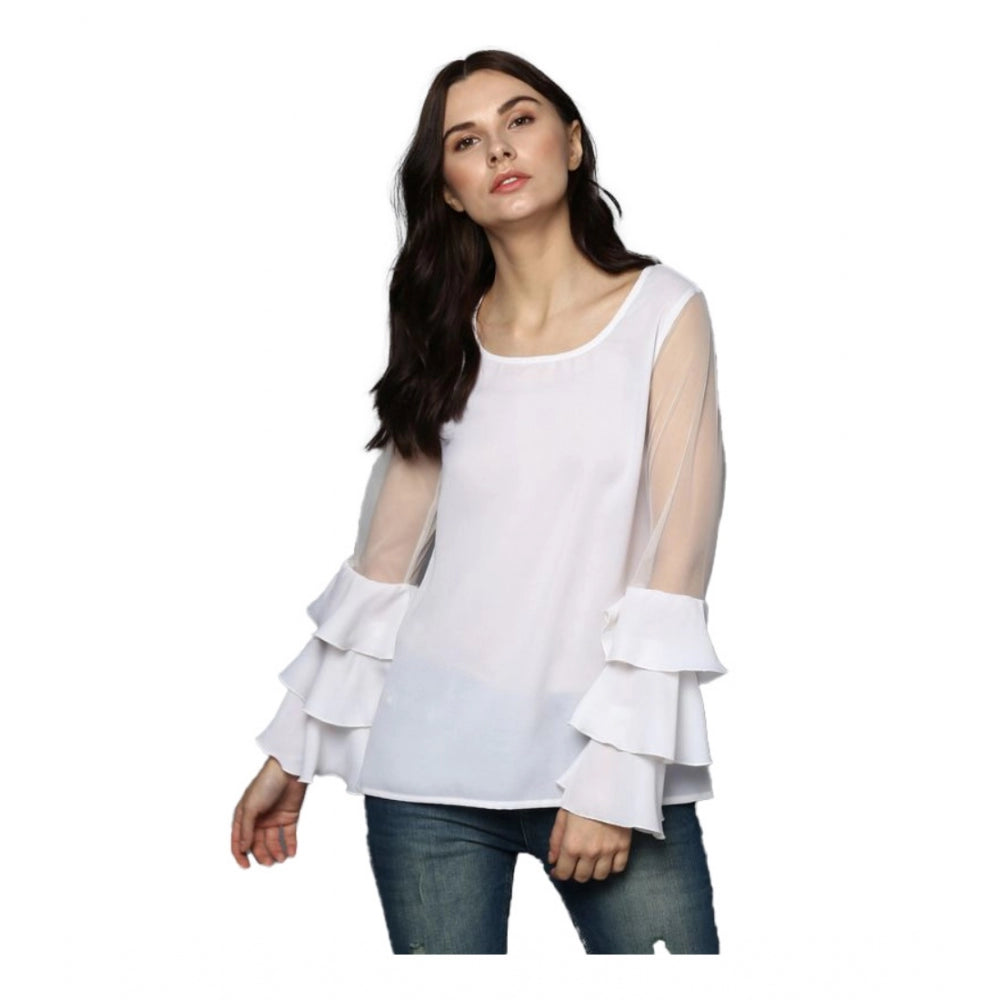 Women's Polyester Solid Tier Sleeve Top (White)