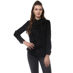 Women's Polyester Ruffled Long Sleeves Top (Black)