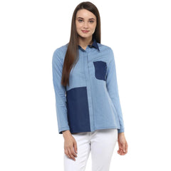 Women's Denim Patch Work Long Sleeves Regular Top (Blue)