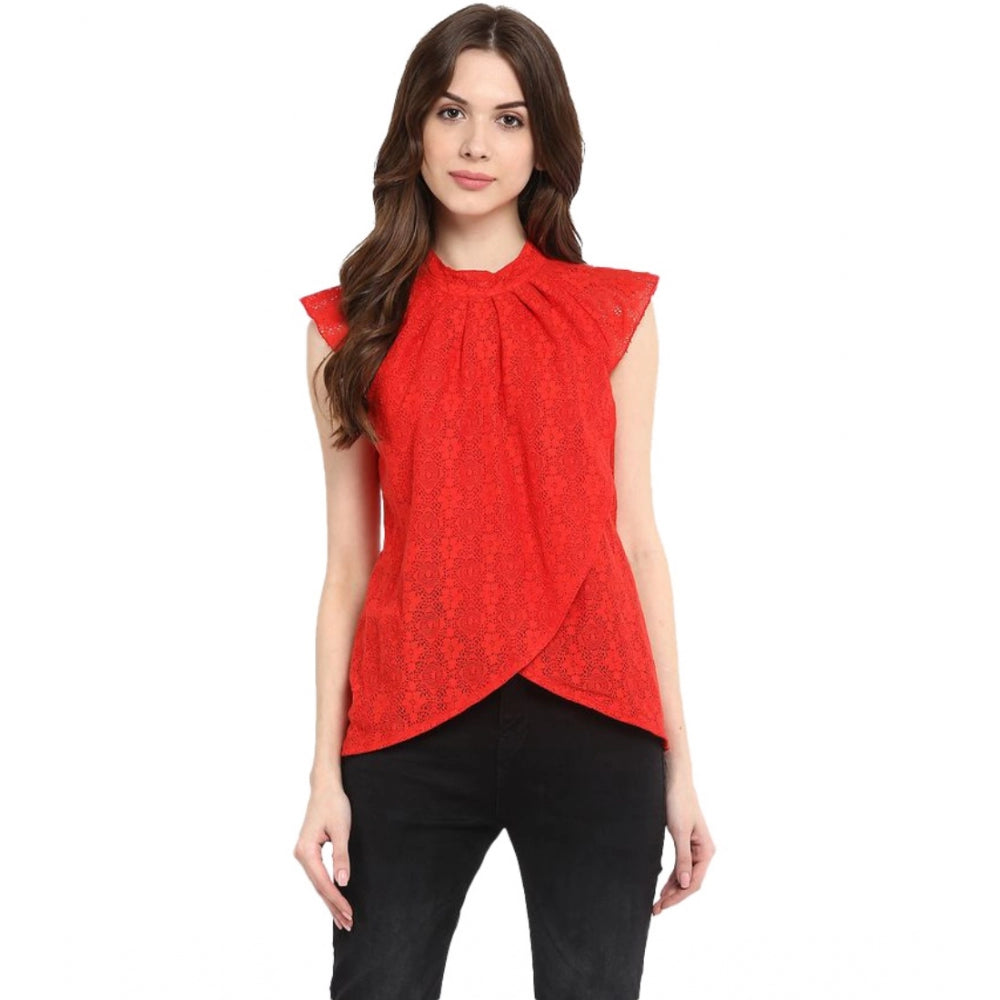 Women's Cotton Lace Embellished Cap Sleeve Regular Top (Red)