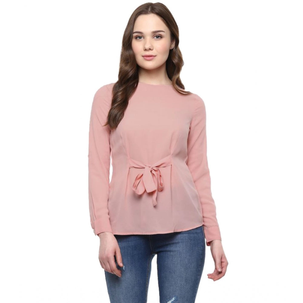 Women's Polyester Solid Long Sleeves Regular Top (Pink)