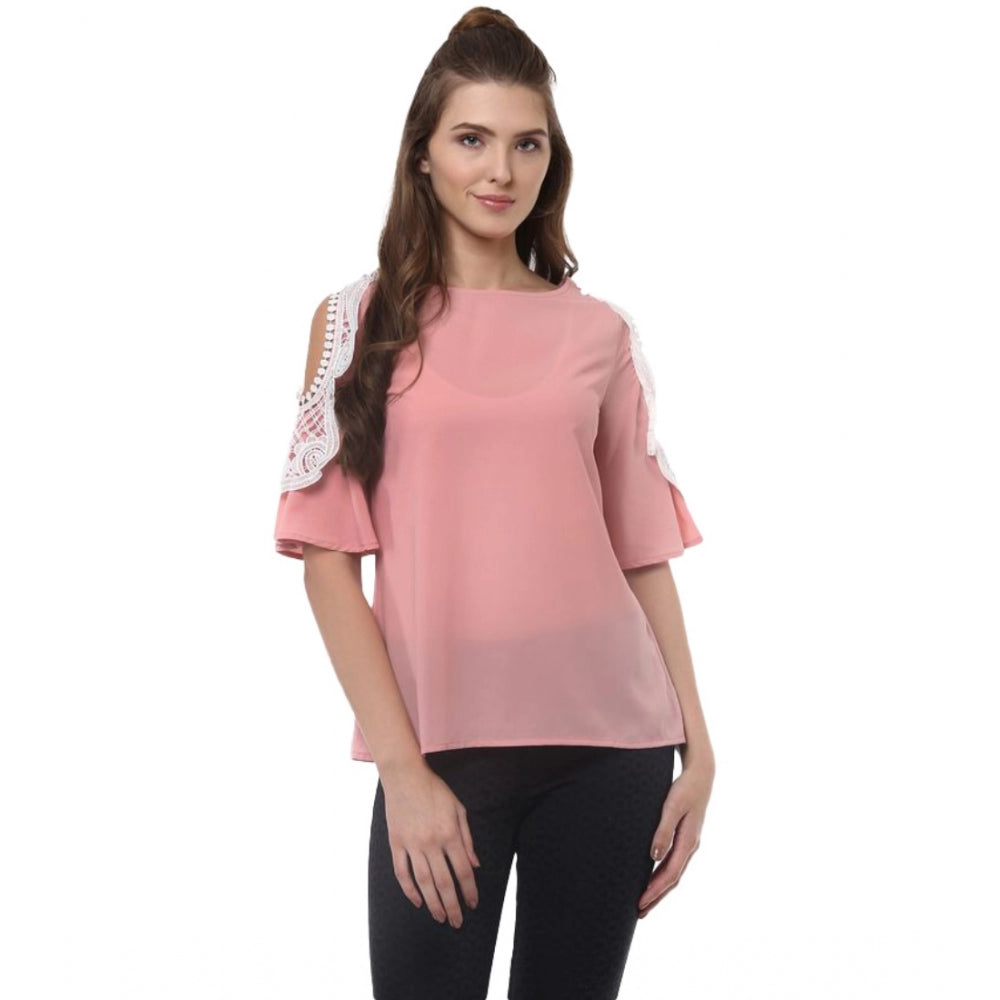 Women's Polyester Lace Inserts Half Sleeve Top (Pink)