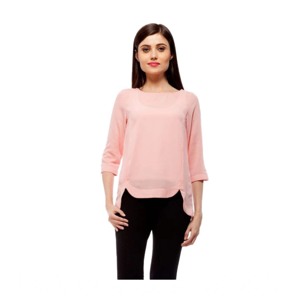 Women's Polyester Solid 3-4th Sleeves Regular Top (Peach)